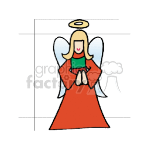 The image depicts a simple cartoon-style clipart of an angel. The angel appears to be praying, with hands clasped together in front of her. She's wearing a red robe, has a golden halo above her head, and is adorned with white wings. The background is plain, highlighting the angel as the main subject.