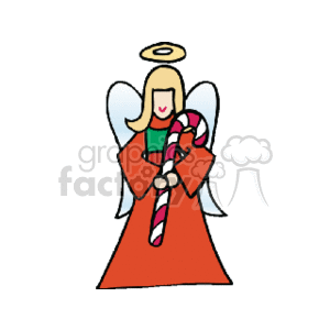 The image is a simple clipart representation of a Christmas angel holding a red and white candy cane. The angel has blonde hair, wings, a halo, and is dressed in a red garment with green sleeves.