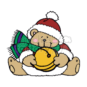 The clipart image features a cute teddy bear wearing a Santa hat and a colorful scarf. The teddy bear is seated and holding a yellow bell with a large smile on its face, evoking a cheery holiday spirit.