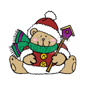 This image features a cute cartoon-style teddy bear dressed in holiday attire. The bear sports a Santa Claus hat, a green and red striped scarf, and holds a purple and yellow birdhouse on a stick