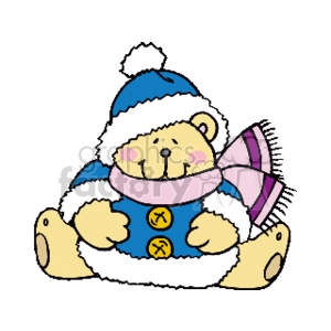 The clipart image features a cartoon teddy bear dressed in wintery, festive clothing reminiscent of Santa or Christmas themes. The bear is wearing a blue hat with a white trim and a matching blue jacket with yellow buttons. It is also holding what appears to be a pink and white candy cane.