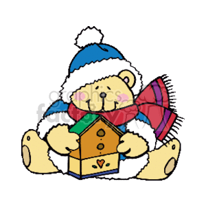 The clipart image depicts a cute teddy bear wearing a blue and white Santa hat and a red scarf. The teddy bear is holding a bird house, which is decorated with a green roof, red heart on the front, and other colorful accents.