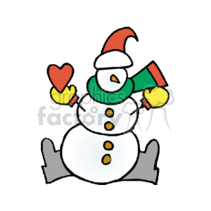 This clipart image features a cheerful snowman associated with the winter holiday season. The snowman is wearing a hat, has a green scarf, and is holding a heart in one hand. It includes three main snowballs that make up its body, with buttons down the center and a smiling face.