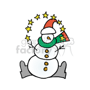 This clipart image features a cheerful snowman decorated for the Christmas holidays. The snowman has a carrot nose, a green scarf, and a red hat adorned with a sprig of holly. It has two twig arms, a set of three buttons down its front, and wears a pair of boots. Surrounding the snowman's head are yellow stars, emphasizing a festive and joyful atmosphere.