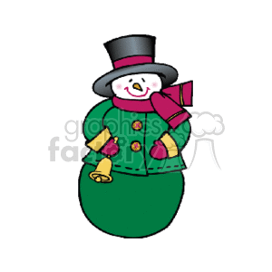 This is an image of a colorful, cheerful snowman dressed in winter holiday attire. The snowman is wearing a black top hat, a bright pink scarf, and green gloves. He is adorned with a golden bell in one hand and smiling with a carrot nose. The snowman has a green coat with red buttons.