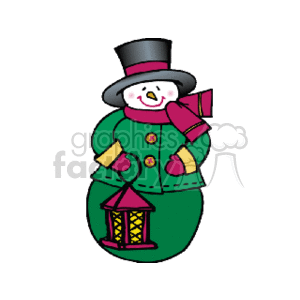 The image shows a festive, cartoon-style snowman dressed in traditional winter clothing. The snowman is wearing a black top hat, a green coat with red buttons, a red scarf, and pink mittens. It is also holding a lantern that emits a yellow light, giving it a cozy, holiday feel. The snowman has a classic carrot nose and appears to be smiling.