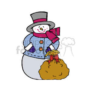 The clipart image shows a cartoon of a smiling snowman dressed in winter attire. The snowman is wearing a top hat, a pink scarf, and a blue coat with yellow buttons. It's holding what appears to be a brown sack tied with a red bow, possibly representing a bag of gifts. The snowman has a classic carrot nose and rosy cheeks.