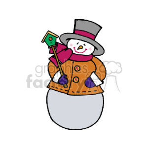 This clipart image features a cheerful snowman dressed for the winter holidays. The snowman has a happy face, is wearing a top hat, has a carrot nose, and is donned in a buttoned orange coat with purple gloves. It holds what appears to be a green and yellow birdhouse on a stick in one hand.