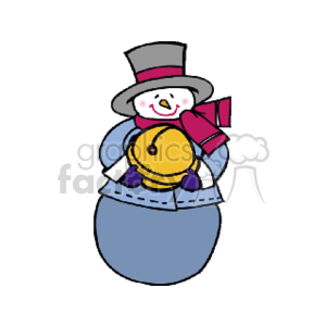 The clipart image depicts a cute, stylized snowman suitable for the Christmas holiday season. This snowman is wearing a black top hat, a red scarf, gloves, and is holding a yellow bell. The snowman appears cheerful, with a smiling face and rosy cheeks, indicating the joy and festivity commonly associated with the winter holidays.