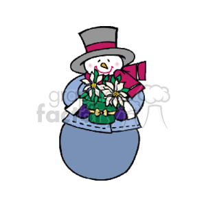 The clipart image features a cheerful snowman adorned with winter attire including a top hat, scarf, and gloves, holding a bouquet of poinsettias. The snowman is portrayed with a carrot nose and a smiling face.