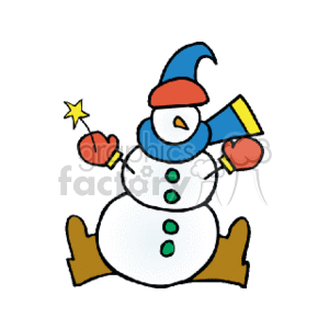 The clipart image features a cartoonish snowman. The snowman is wearing a blue winter hat and a matching scarf. It is holding a star wand in its right hand. The snowman has buttons down the front and is set against a plain background.