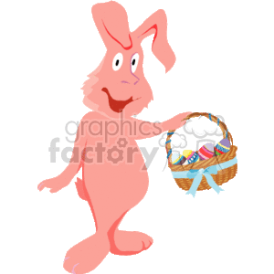 The image shows a pink Easter bunny holding a woven basket filled with colorful decorative Easter eggs. The bunny appears cheerful, which suggests a festive Easter celebration theme.