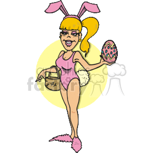 The clipart image features a cartoon of a woman dressed in a playful, sexy Easter bunny costume. The woman has bunny ears, a pink leotard with a fluffy tail, pink bunny slippers, and she is holding a decorative Easter egg in one hand and a basket in the other. The woman has blonde hair