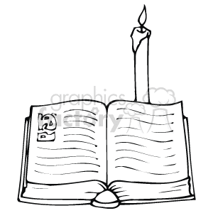 The image is a black and white clipart depicting an open book with text on the pages, and a lit candle with dripping wax situated on the top edge of the book. A small flower or bow is visible at the base of the pages.