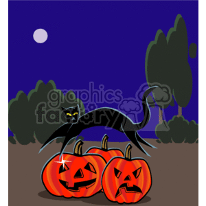The image is a Halloween-themed clipart featuring two jack-o'-lanterns with carved faces, glowing from the inside. A black cat with its back arched and tails up is standing on the pumpkins. The background depicts a night scene with a purple sky, a full white moon, and dark shapes suggesting trees.