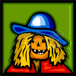 This clipart image features a cartoon-style illustration of a Halloween scarecrow. The scarecrow has a jack-o'-lantern for a face, sporting a wide, toothy grin. It's wearing a blue hat and has straw-like hair extending out from under the hat. The scarecrow's attire includes a red garment that appears to be a shirt or jacket. The background is a green color which provides a contrast to the scarecrow and highlights it as the focal point of the image.