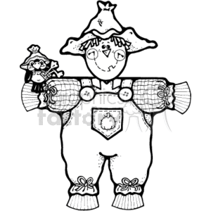 This is a black and white line art clipart image of a country-style scarecrow. The scarecrow has a smiling face, dressed in overalls and a patchwork hat, with hay protruding from the arms and legs. It appears to be decorated for the Halloween season with thematic details such as a spooky small figure on its shoulder, possibly a small witch or similar Halloween character, and a star on its hat. On its chest, there is a patch with what looks like a drawn spiderweb, and each knee has a bow.