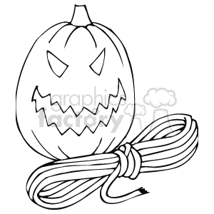 The clipart image depicts a traditionally carved Halloween pumpkin with a menacing face. The pumpkin has triangle-shaped eyes and a jagged, toothy mouth, typical of a jack-o'-lantern. Below the pumpkin, there's what appears to be a length of rope / string tied up