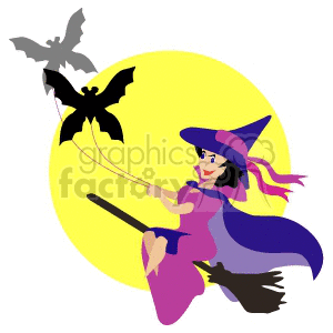Witch being pulled on her broom by bats