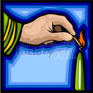 The clipart image depicts a hand lighting a green candle with a match. The image has a stylized appearance with bold outlines and areas of flat color, commonly associated with clipart. The background is comprised of a blue frame-like design which could suggest a window or abstract artistic element.