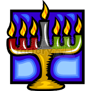 The image is a colorful illustration of a Kinara, which is a candle holder used in the celebration of Kwanzaa. This Kinara holds seven candles, typically representing the seven principles of Kwanzaa. There's a central black candle, surrounded by three green candles on the right and three red candles on the left, all of which are lit, with flames at the top.