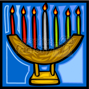 The image shows a stylized illustration of a Kinara, which is a candle holder used in the celebration of Kwanzaa. The Kinara is holding seven candles, each representing one of the seven principles or Nguzo Saba of Kwanzaa. There are three red candles on the left, one black candle in the center, and three green candles on the right. The image has a blue background and the Kinara seems to be placed on a yellow stand.