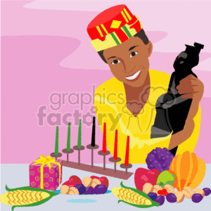 The clipart image features the following elements:
- A smiling person wearing a Kwanzaa hat (Kufi) with African patterns.
- A yellow top with a V-neckline.
- The person is holding a black figurine/sculpture.
- A Kinara (Kwanzaa candle holder) with seven candles (three red, one black, and three green).
- Assorted fruits and vegetables such as grapes, bananas, berries, and corn, symbolizing the harvest.
- Two wrapped gift boxes.