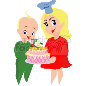 The image depicts a clipart of a happy mom and her baby. The mother, dressed in a red outfit, is holding a beautifully decorated cake with flowers on top, while the baby wearing a green garment looks excitedly at the cake. There's a sense of celebration, suggesting it may be related to a festive occasion like Mother's Day.