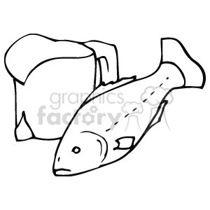This clipart image features a mug of beer tipped over with suds or foam spilling out, next to a fish that appears to be in a side profile view. The style is simple, lacking color, with outlines defining the shapes of the objects.