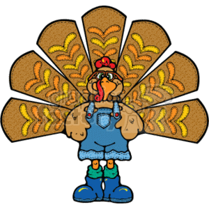 The image is a whimsical cartoon-style depiction of a turkey dressed in country fashion. The turkey stands upright on two feet and is donning a pair of blue overalls, completing the outfit with a red bandana around its neck. Its feathers are spread out in a typical display, with each feather boasting intricate patterns and warm autumn colors suggestive of Thanksgiving. This portrayal of a turkey anthropomorphized and humorously dressed up evokes the celebratory spirit of the Thanksgiving holiday.