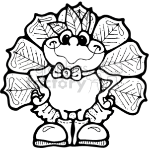 The clipart image features a cartoon-style illustration of a frog. It appears to be designed with thematic elements reminiscent of Thanksgiving, such as the fan of leaves behind the frog which is likely intended to evoke a turkey's tail feathers, given the context of the keywords. The frog is standing upright, has a large smile, and is wearing a bow tie, adding to the anthropomorphic and festive nature of the image.