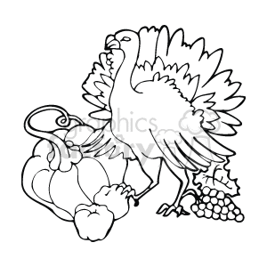 The clipart image depicts a turkey with its tail feathers spread out. Surrounding the turkey are various symbols associated with Thanksgiving, including a pumpkin, apples, and a grape bunch. The overall theme of the image is related to the Thanksgiving holiday.