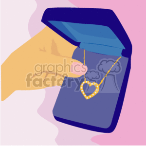 The clipart image depicts a hand holding a jewelry box that contains a gold heart-shaped necklace adorned with diamonds. The background is pink, which may suggest a romantic or Valentine's Day theme.