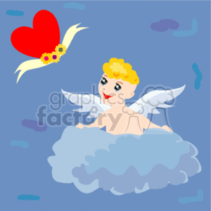 A Happy Angel with White Wings sitting on a Cloud a Heart in the Sky