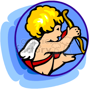 The image is a clipart illustration of a cartoon-style angel or cupid, commonly associated with love and Valentine's Day. The character has curly blond hair, wings, and is wearing a red sash. It's aiming a bow and arrow, which is often symbolic of striking love into someone's heart.