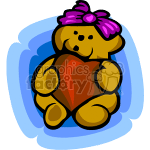 A Little Golden Girl Bear with a Purple Bow Holding a Red Heart