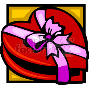 This clipart image features a stylized heart-shaped box, possibly indicative of candy or chocolates, which is often associated with Valentine's Day gifting. The heart box is adorned with a ribbon and bow, suggesting it's a gift. The background includes rectangular shapes with warm colors.