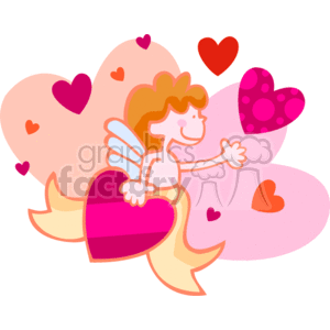 This clipart image features a depiction of a cherubic figure, commonly associated with Cupid or an angel, surrounded by various pink and red hearts. The figure has wings, suggesting the role as a messenger or symbol of love, which is in keeping with the theme of Valentine's Day. The figure seems to be carrying a heart-shaped object, possibly a box, and there is a sense of joy and playfulness conveyed by the character's pose and facial expression.