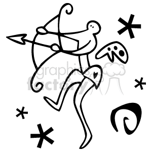 The clipart image features a stylized representation of Cupid, the Roman god often associated with Valentine's Day. He appears to be in motion, with one leg extended back and the other in front as if he is flying or leaping. Cupid is holding a bow, and there is an arrow notched and ready to be fired. Surrounding him are small decorative elements like swirls and asterisk-like stars, giving the impression of a playful and whimsical atmosphere often associated with love and the cheer of Valentine's Day.