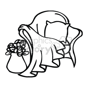 This is a black and white clipart image depicting a sofa with a pillow and armrest. The sofa appears to be decorated with a bouquet of flowers, possibly to represent a romantic setting in the spirit of Valentine's Day. 