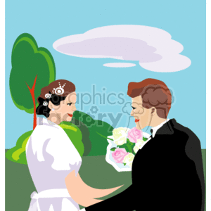 This is a clipart image of a bride and groom at their wedding. The bride is wearing a white dress and holding a bouquet of flowers, and the groom is dressed in a black suit. They are standing outdoors, as suggested by the presence of a green tree and a blue sky with a white cloud. The couple appears to be facing each other, likely ready to exchange vows or participate in a wedding ceremony.