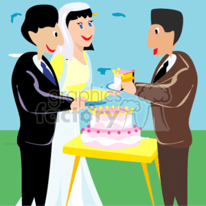 The clipart image depicts a wedding scene with a bride in a white dress and veil and a groom in a black tuxedo, both standing next to a multi-tiered wedding cake adorned with pink flowers on a white table. A third person, dressed in a suit, is handing over a piece of cake on a plate. The background suggests an outdoor setting with a blue sky and a few birds.