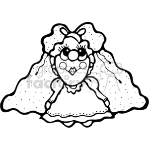 The clipart image depicts a stylized cartoon bride. The figure has an exaggerated heart-shaped face, large eyes with prominent eyelashes, a small, curved mouth, and a double-layered veil with a bow on top. The wedding dress has a ruffled neckline and the sleeves and hem appear to be scalloped, giving the image a whimsical, country-style wedding theme.
