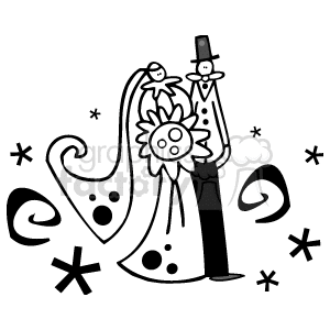 This clipart image depicts a stylized bride and groom. The bride is wearing a gown decorated with dots and a large flower, while the groom is in a suit, also embellished with a dotted pattern. They appear to be joined together in a whimsical, abstract manner that suggests a celebratory mood. Surrounding them are small stars or sparkles, adding to the festive atmosphere of the occasion.