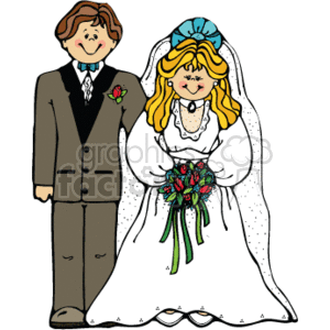 The image depicts a cartoon of a bride and groom in wedding attire. The bride is wearing a traditional white wedding dress with a veil and is holding a bouquet of flowers. The groom is dressed in a brown suit with a boutonniere that matches the bouquet. Both characters are smiling and appear to be delighted on their wedding day.