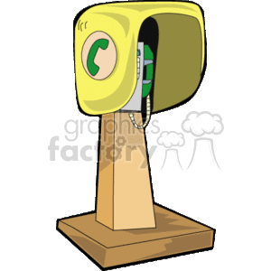 The image appears to be a stylized illustration of an old-fashioned payphone. It's a corded, rather than a cordless phone. This type of phone would typically be found in public spaces and would require coins to operate. The phone is depicted with a handset that connects to the main body with a cord, highlighting its vintage or retro theme.
