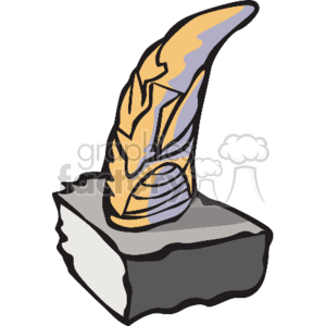 The image features a stylized clipart of an abstract statue. The statue appears to be made up of geometric shapes with a mix of yellow, orange, and grey hues, set atop a broad base.
