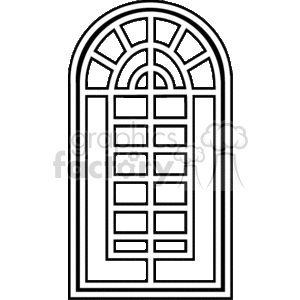 The clipart image depicts a schematic representation of an arched window with multiple panes, featuring a distinct design that includes a semi-circular arch at the top with radial lines suggestive of a sunburst or fan pattern. The main section below the arch consists of a series of vertical rectangular panes.