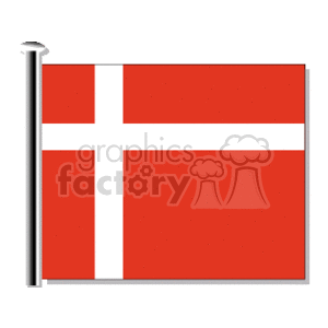 The image is a clipart representation of the national flag of Denmark. It features a red field with a white Scandinavian cross that extends to the edges of the flag. The vertical part of the cross is shifted to the hoist side.