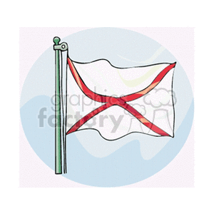 The image shows a stylized clipart of the Alabama state flag. It features a white flag with a red cross, also known as the crimson cross, hoisted on a flagpole with a finial at the top.